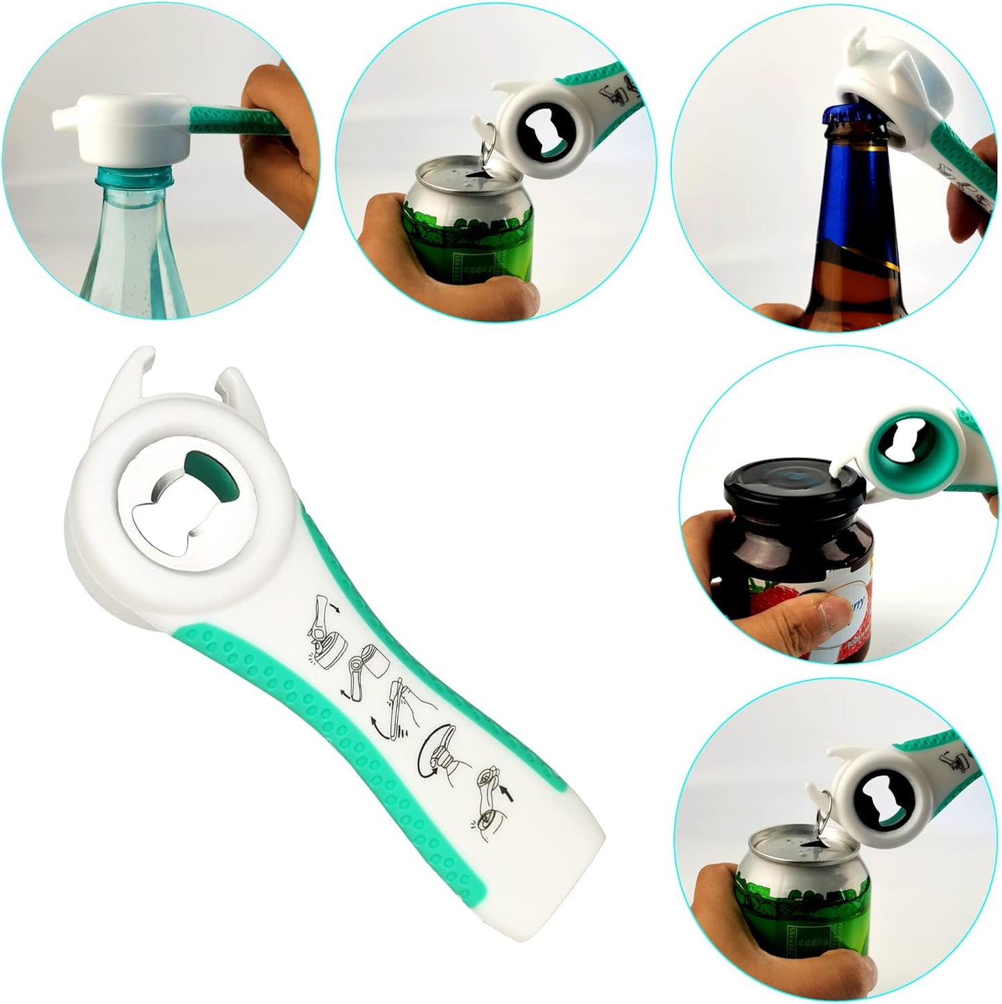 Multifunktionaler Flaschenöffner, weiß-grün, für Flaschen, Dosen, Gläser, ergonomisches Design.