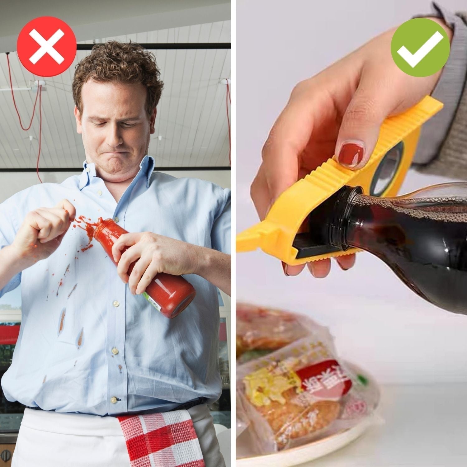 Mann verschüttet Ketchup vs. Hand mit gelbem Flaschenöffner für Sojasauce.