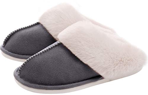 Graue Damenpantoffeln mit weißem Kunstfell, ultraweich, Memory Foam, bequem.