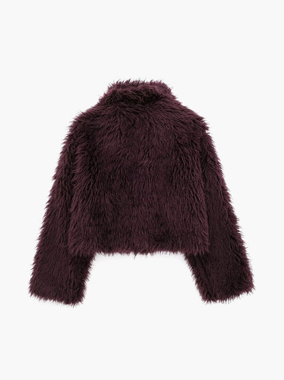 Damen Kunstpelzjacke, dunkelrot, flauschig, modisch, Winterbekleidung, warm, elegant.