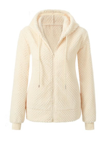 Damen Kapuzenjacke aus cremefarbenem Fleece mit Reißverschluss, warm und kuschelig.