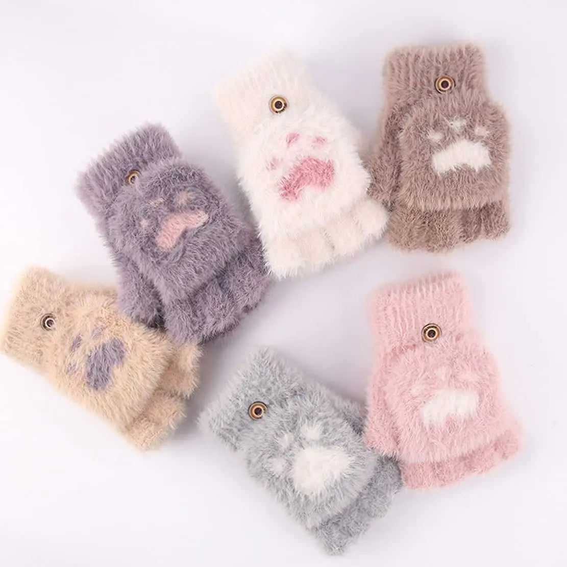Flauschige fingerlose Handschuhe mit Katzenpfoten-Design in verschiedenen Farben.