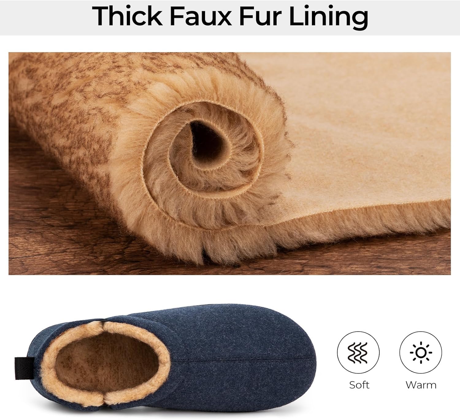 Dunkelblaue Hausschuhe mit dicker Kunstfellfütterung, warm und weich, ideal für den Winter.