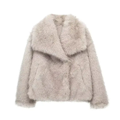 Damen Kunstpelzjacke beige, flauschig, modisch, Wintermantel, warm, elegant, stilvoll.