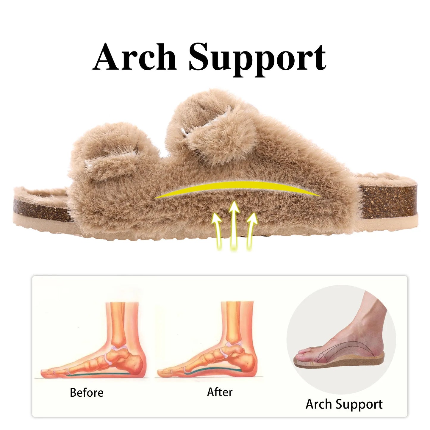 Braune Plüschsandalen mit Fußgewölbeunterstützung, ergonomisches Design, Komfortschuhe.