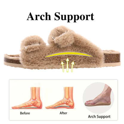 Braune Plüschsandalen mit Fußgewölbeunterstützung, ergonomisches Design, Komfortschuhe.