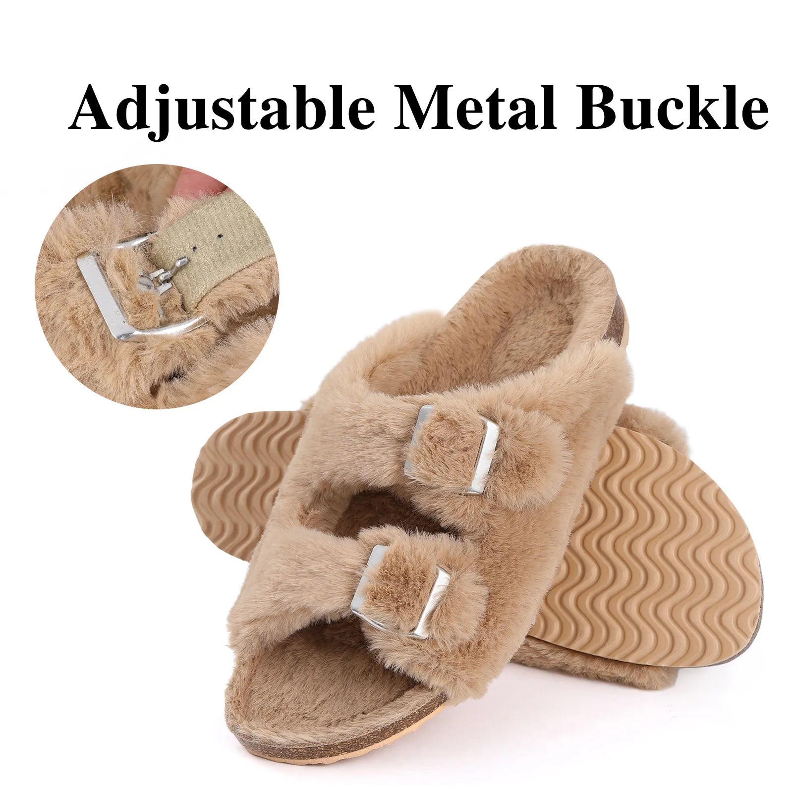 Beige Fell-Sandalen mit verstellbarer Metallschnalle, rutschfeste Sohle, Damenmode.
