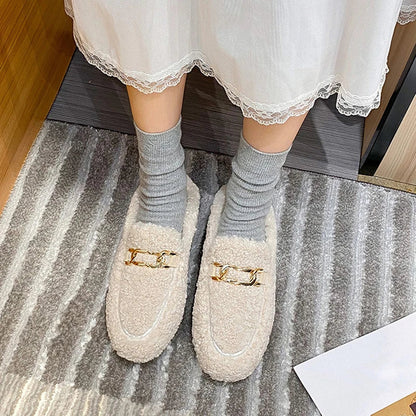Damen Hausschuhe aus Plüsch, beige, mit goldener Verzierung, gemütlich, modisch, warm.