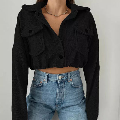 Schwarze Damen-Fleecejacke, langärmelig, Herbst-Winter, lässig, Streetwear, Harajuku-Stil.