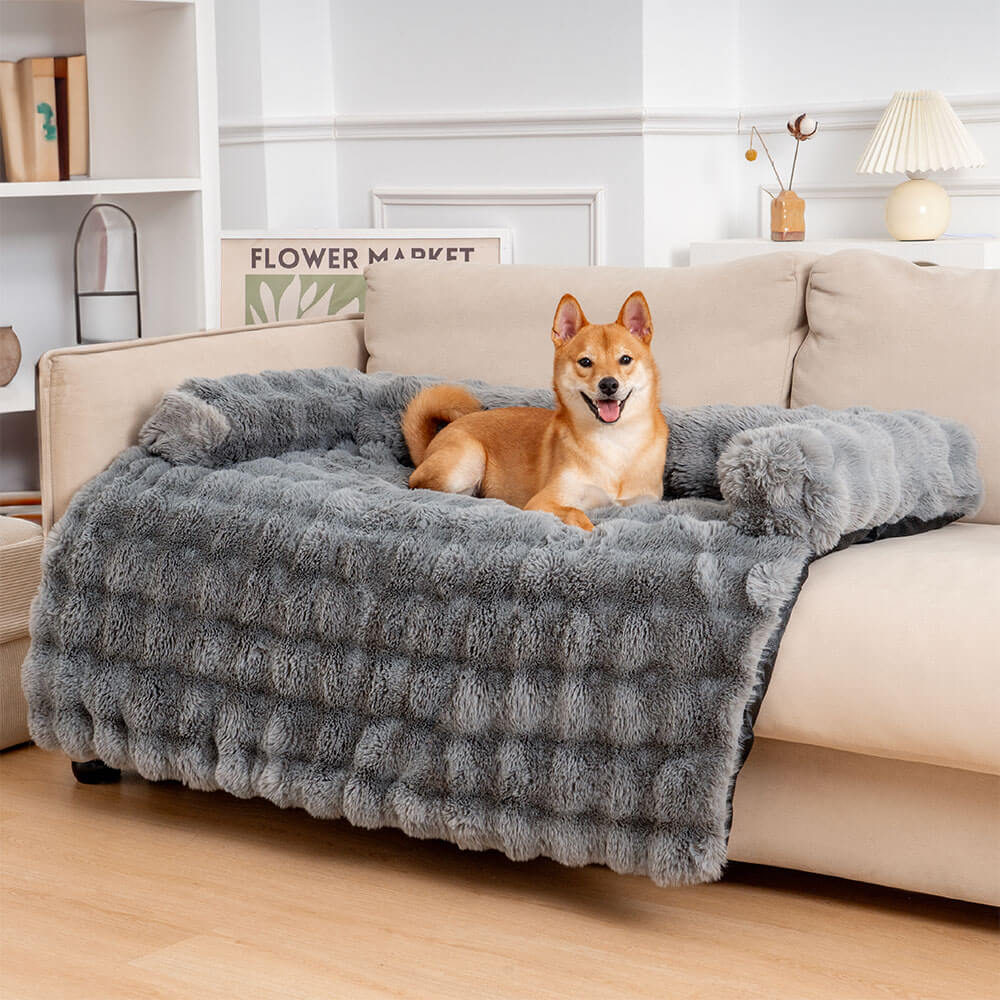Hund auf grauem, flauschigem Hundebett-Sofaüberzug, beruhigende Haustiermatte im Wohnzimmer.