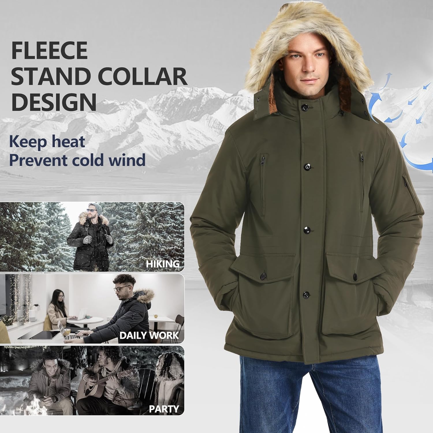 Männer Winterjacke, olivgrün, Fleece, Stehkragen, warm, winddicht, Outdoor, Freizeit.