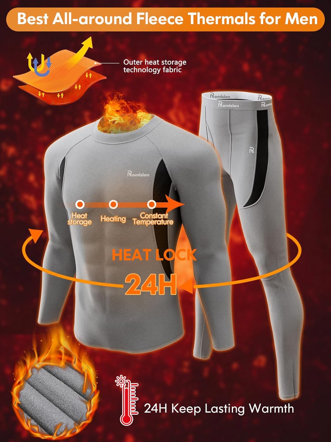 Graues Herren-Fleece-Thermo-Set, wärmespeichernd, langärmelig, atmungsaktiv.