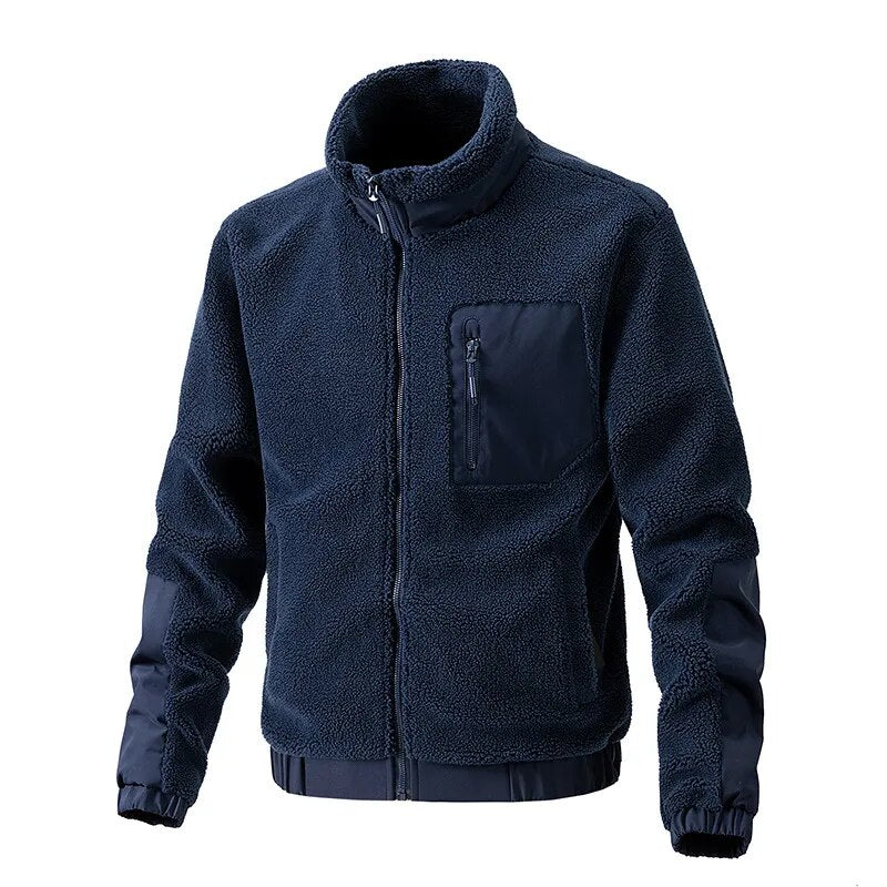 Dunkelblaue Fleecejacke mit Reißverschluss, Brusttasche, elastischen Bündchen, Herrenmode.