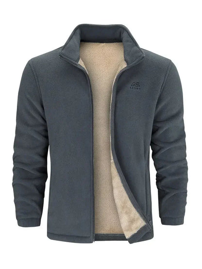 Graue Herren-Fleecejacke mit Reißverschluss, warmes Innenfutter, ideal für Outdoor-Aktivitäten.
