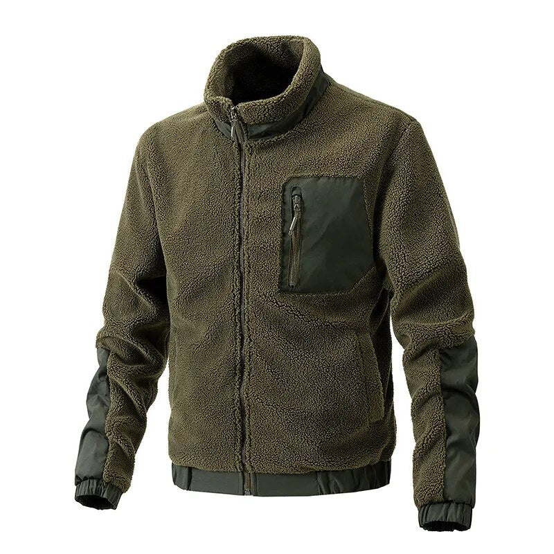 Olivgrüne Fleecejacke mit Reißverschluss, Brusttasche, Outdoor-Bekleidung, Herrenmode.