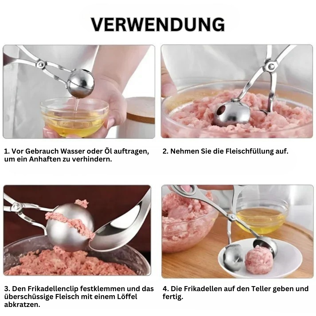 Frikadellenformer aus Edelstahl, Fleischbällchenzange, Küchenwerkzeug für gleichmäßige Portionen.