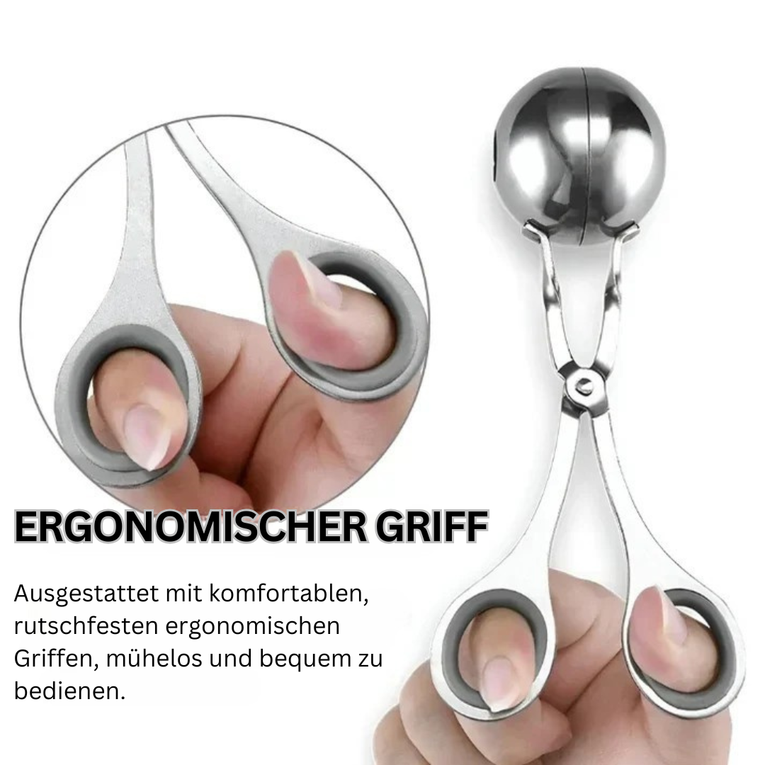 Ergonomischer Fleischbällchenformer aus Edelstahl mit rutschfesten Griffen für einfache Handhabung.