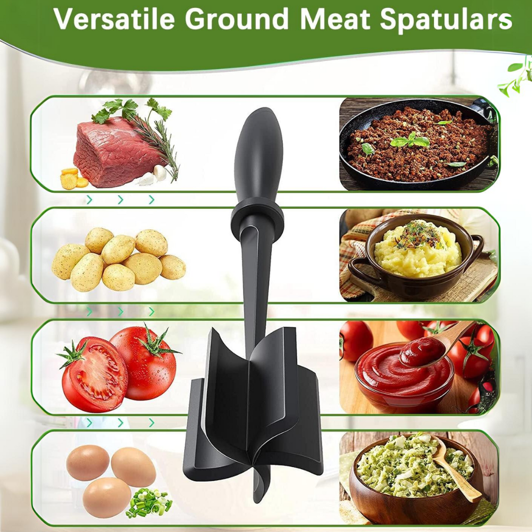 Schwarzer Fleischspatel aus Kunststoff, vielseitig, ideal für Hackfleisch, ergonomischer Griff.
