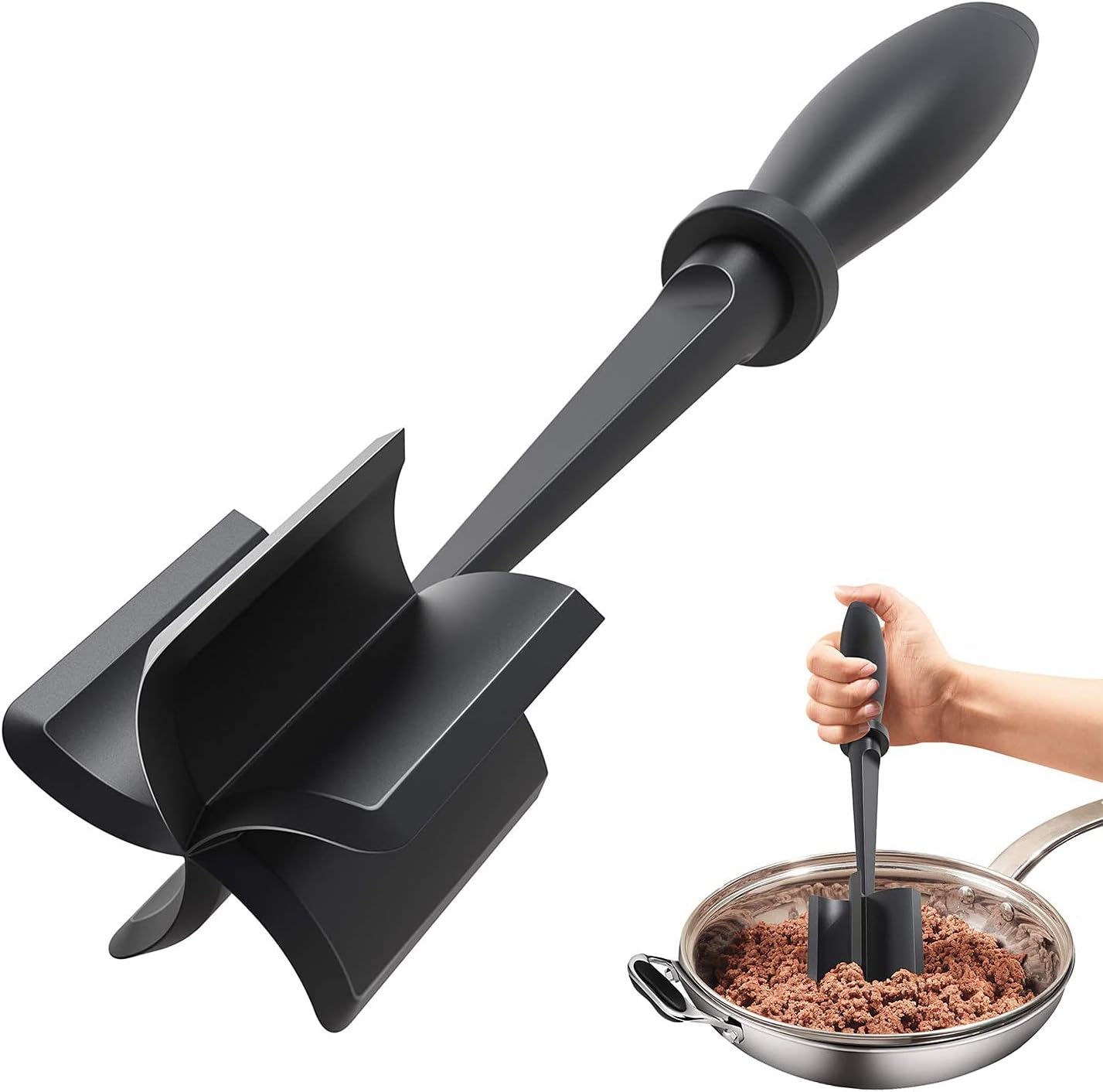 Schwarzer Fleischzerkleinerer aus Kunststoff, ergonomischer Griff, ideal für Pfannen und Töpfe.