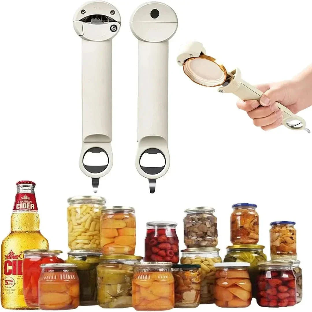 Multifunktionaler Dosenöffner, weiß, einziehbar, für Gläser und Flaschen, Küchenwerkzeug.