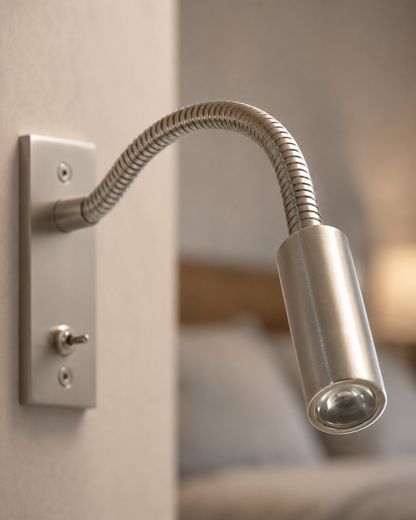 Närbild på lampa i borstat silverfärgat metallutförande med riflad svanshals, tippströmbrytare och två skruvar på väggplattan. 7