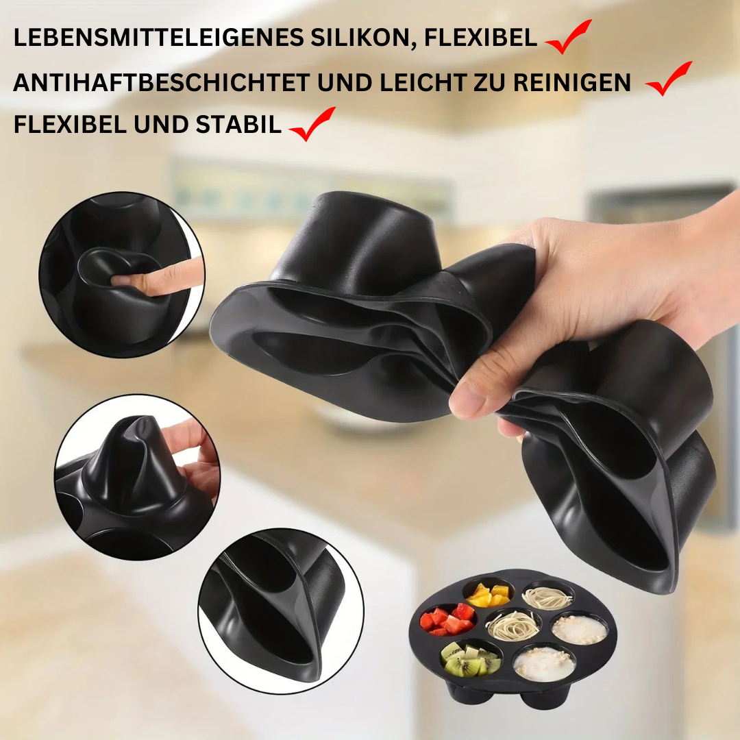 Schwarze Silikon-Backform, flexibel, antihaftbeschichtet, leicht zu reinigen, für Muffins.