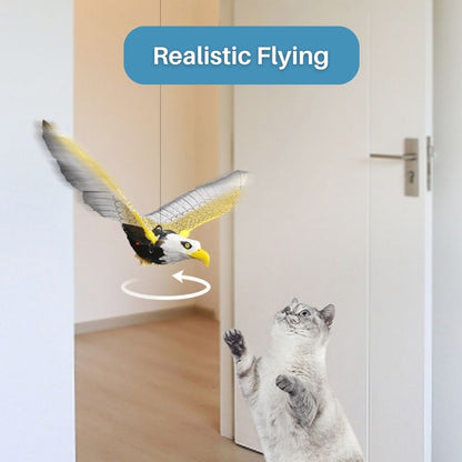 Katze spielt mit realistisch fliegendem Adler-Spielzeug im Innenraum, interaktives Haustierzubehör.