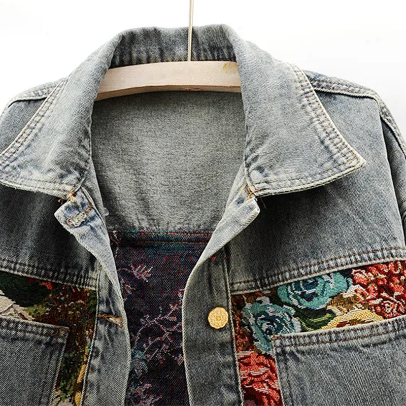 Damen Jeansjacke mit Blumenmuster, Vintage-Stil, blau, Baumwolle, modisch, Freizeitkleidung.