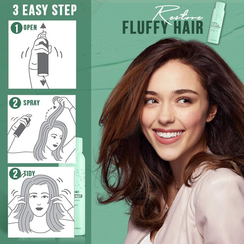 Frau mit voluminösem Haar, Haarspray-Anwendung, Anleitung in drei Schritten, Haarpflegeprodukt.