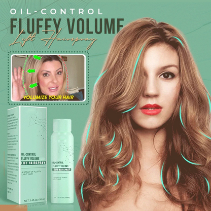 Frau mit voluminösem Haar, Öl-Kontroll-Haarspray, grüne Verpackung, Haarpflegeprodukt.