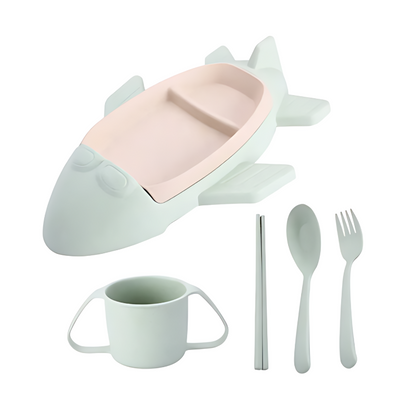 Grünes Flugzeug-Kindergeschirr-Set aus Silikon mit Besteck und Tasse, BPA-frei.