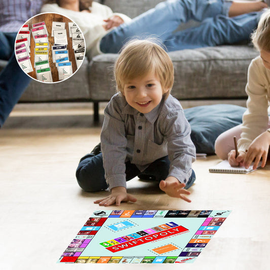 Musikbaserat brädspel med sangkort och monopolpengar för spelaftnar