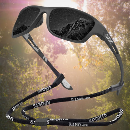 Schwarze Sportsonnenbrille mit Bergreflexion, verstellbarem Band, ideal für Outdoor-Aktivitäten.