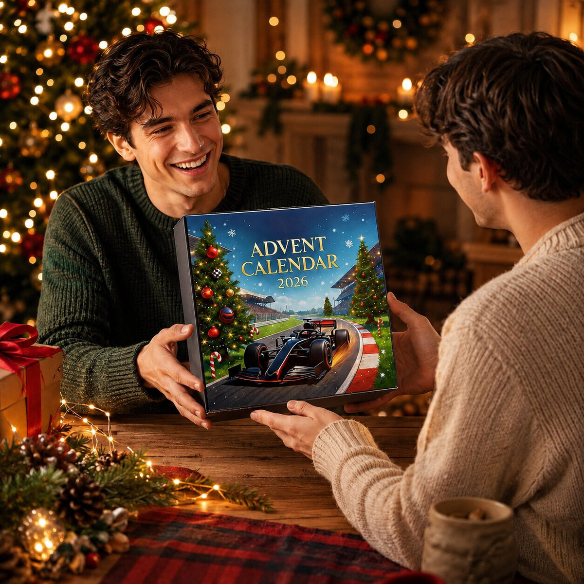 Två män sitter vid ett träbord vid granen, och den ene räcker över asken som julklapp till den andre. 7