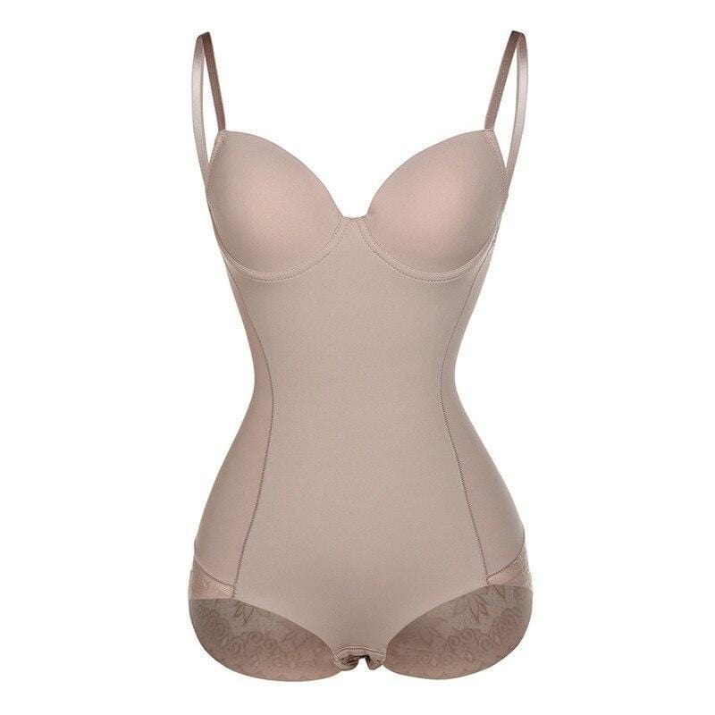 Beiger figurformender Body für Damen, nahtlos, verstellbare Träger, Shapewear.