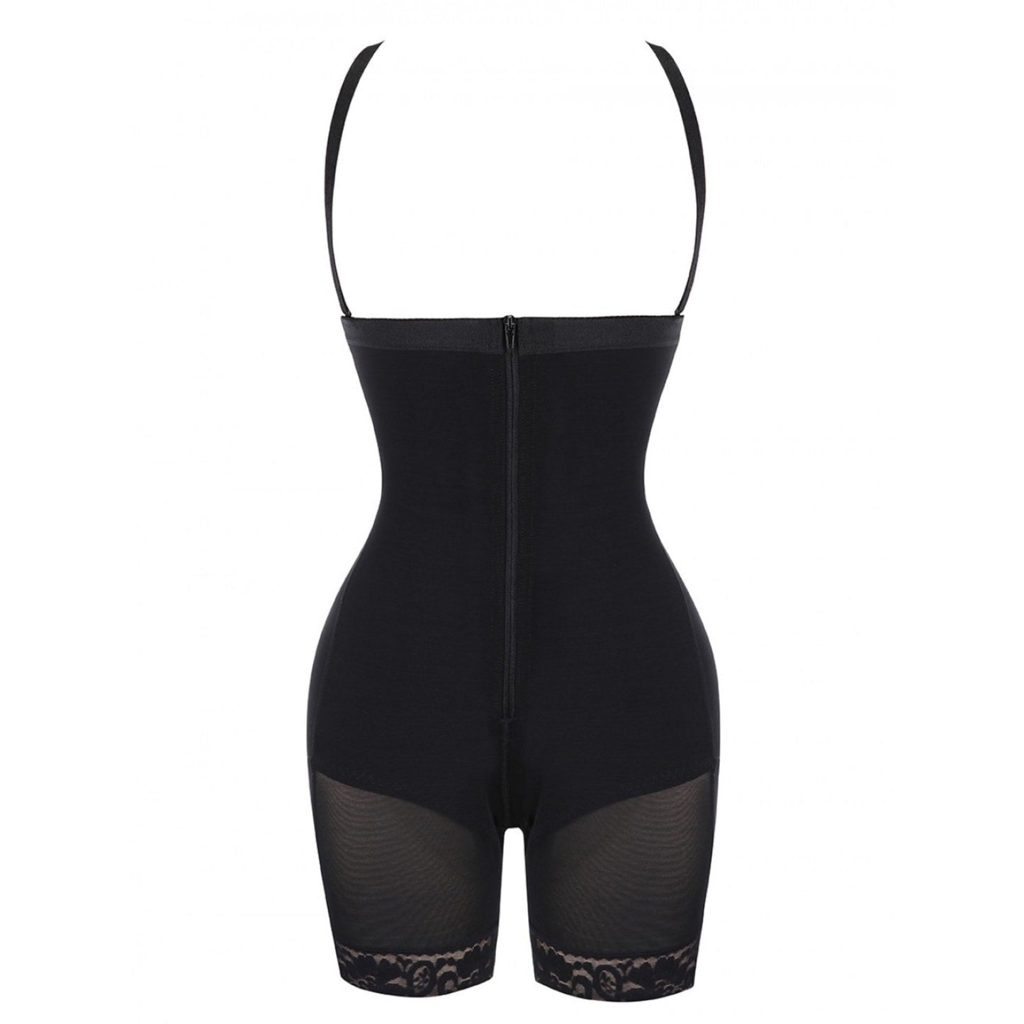 Schwarzer Shapewear-Body mit Spitze, figurformend, verstellbare Träger, Reißverschluss vorne.