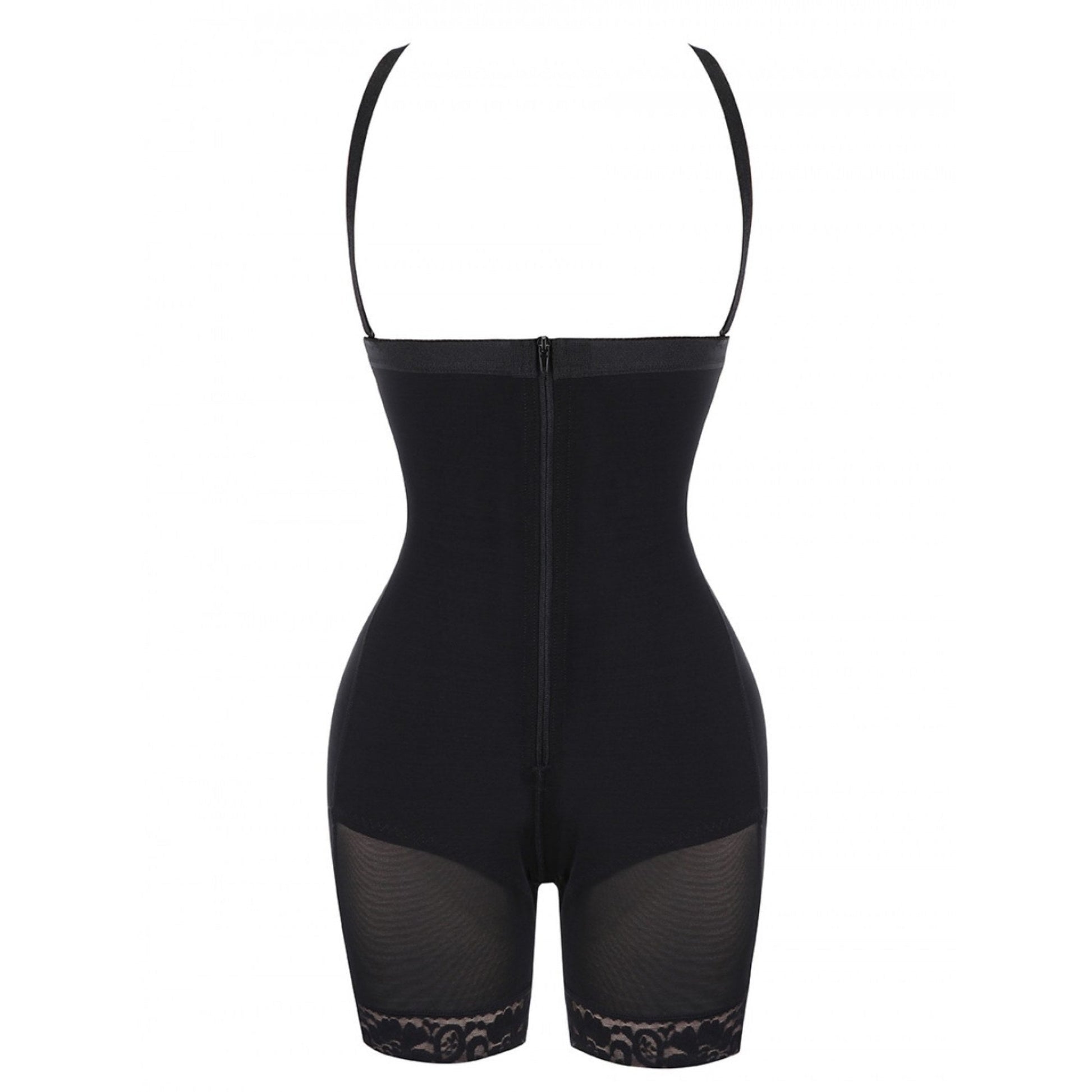 Schwarzer Shapewear-Body mit Spitze, figurformend, verstellbare Träger, Reißverschluss vorne.