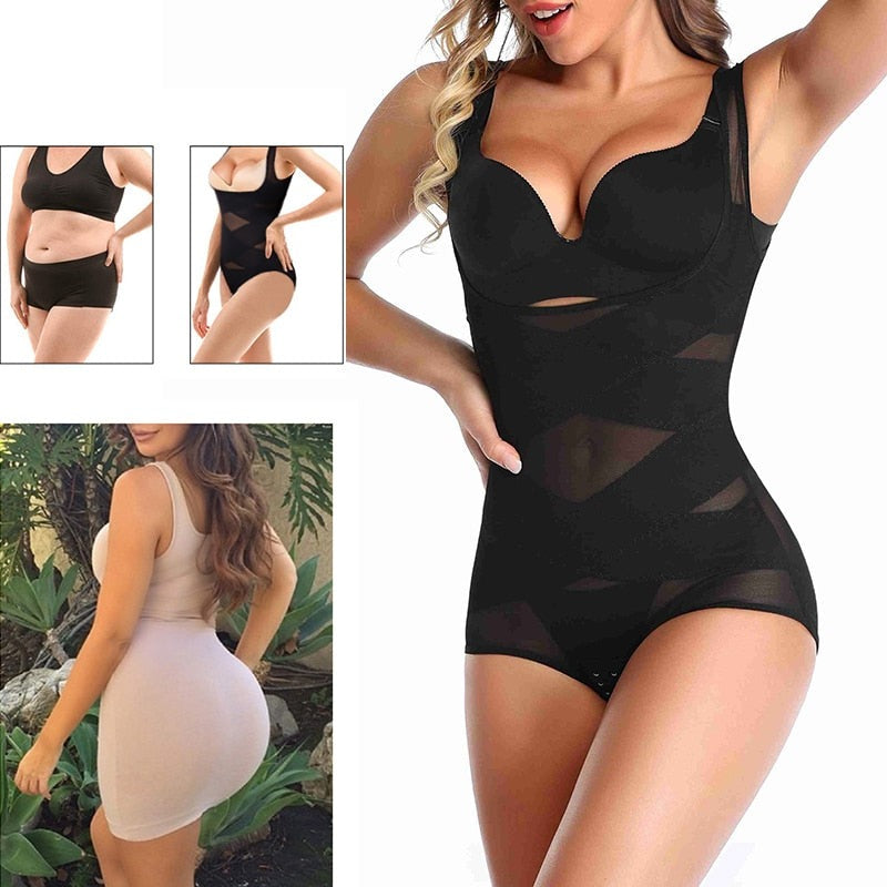 Frau in schwarzem Shapewear-Body, figurformend, nahtlos, bequem, für Damenmode.