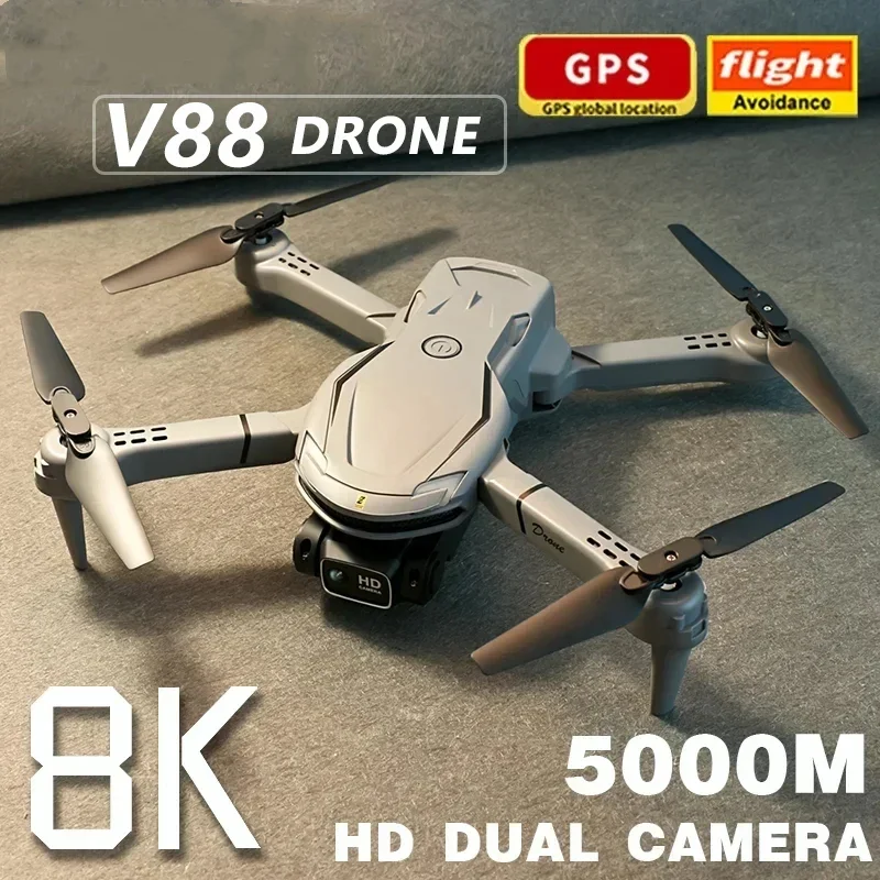 V88 Drohne 8K, GPS, Flugvermeidung, HD-Dual-Kamera, 5000m Reichweite, faltbar, grau.