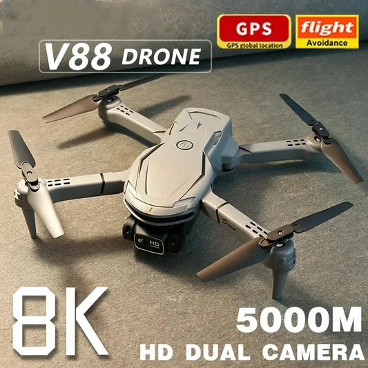 V88 Drohne 8K, GPS, Flugvermeidung, HD-Dual-Kamera, 5000m Reichweite, faltbar, grau.
