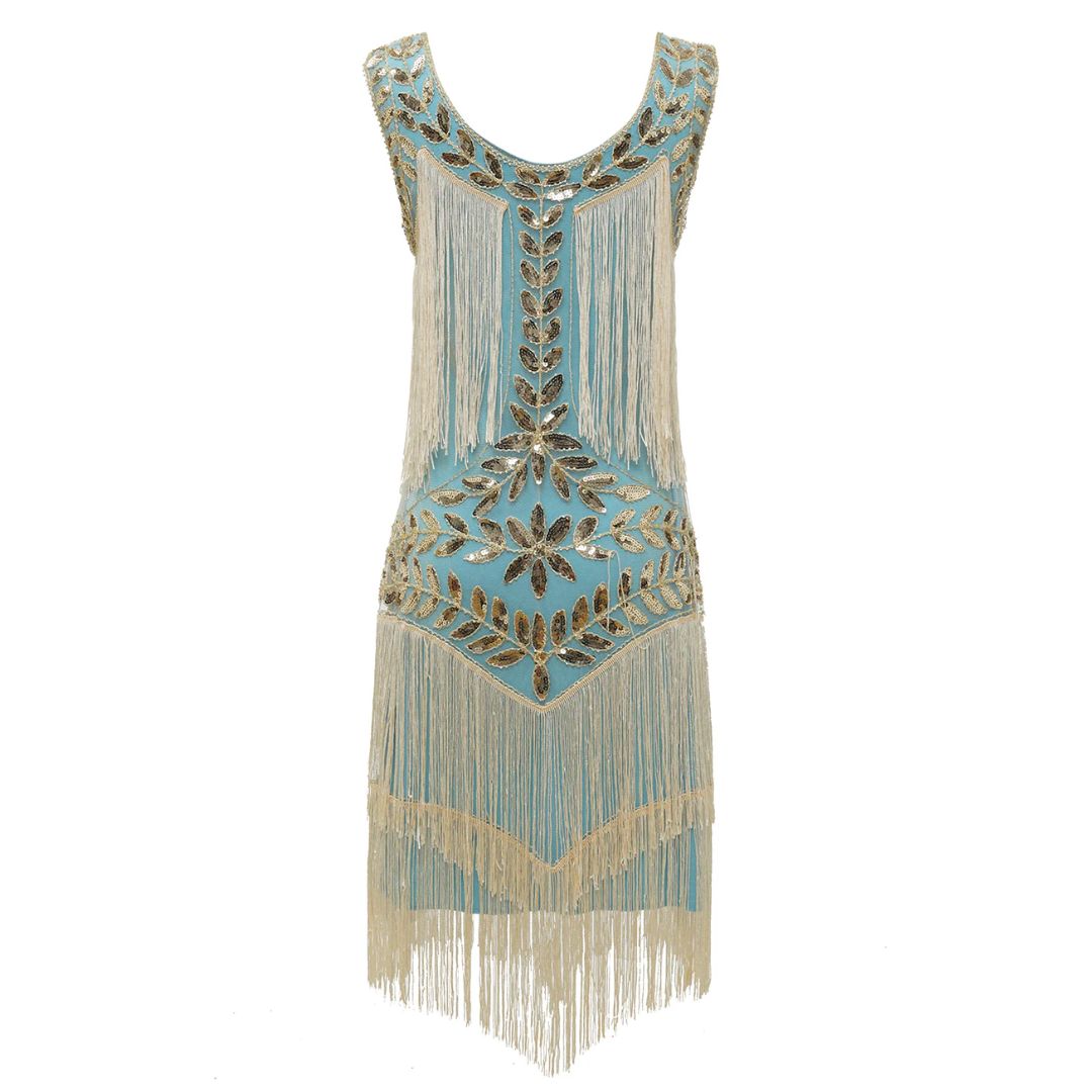 Blaues Charleston-Kleid mit goldenen Pailletten und Fransen, 1920er Jahre Vintage-Stil.