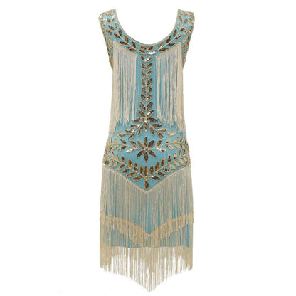 Blaues Charleston-Kleid mit goldenen Pailletten und Fransen, 1920er Jahre Vintage-Stil.