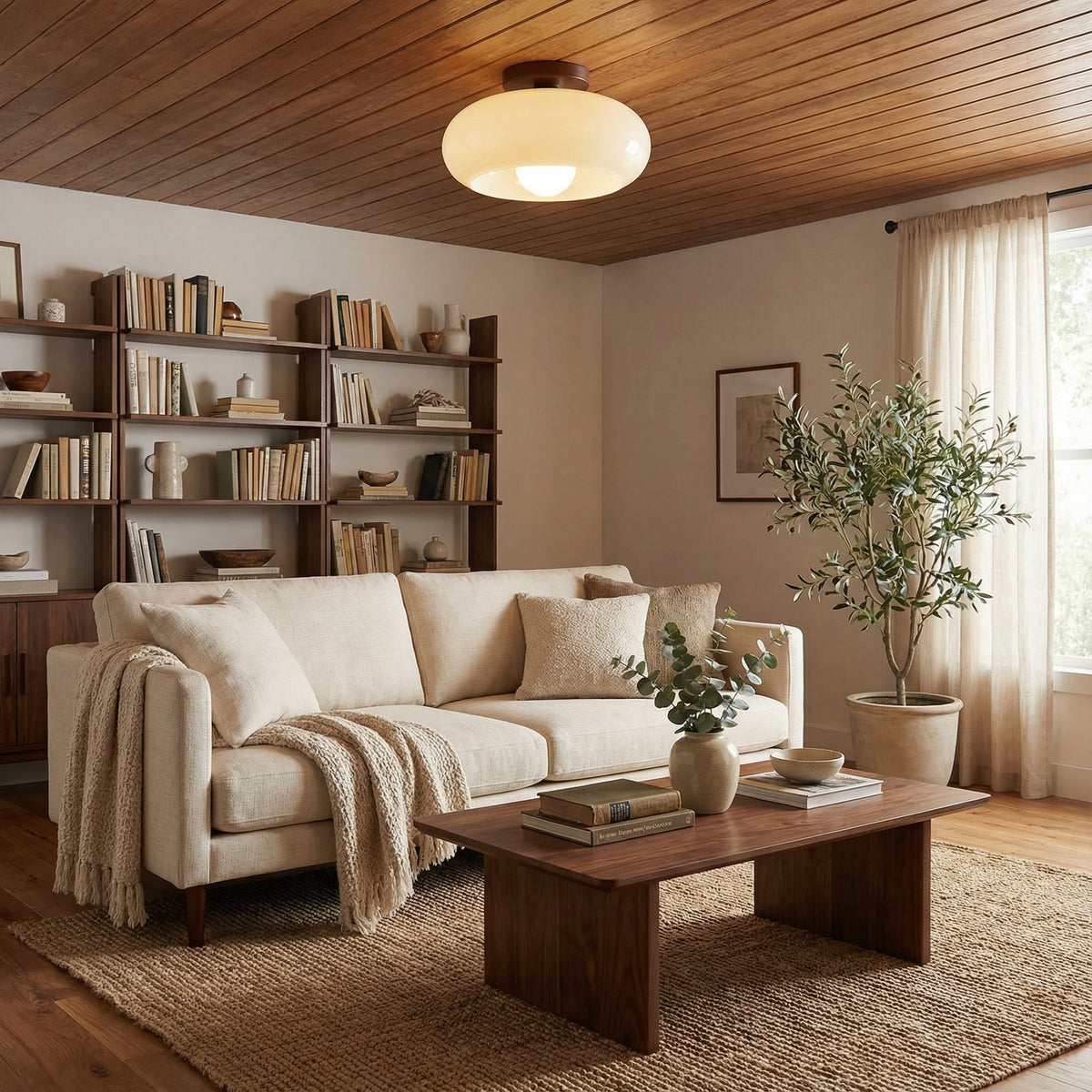 Plafond i trätak ovanför soffa, soffbord och bokhyllor i ett varmt, naturfärgat vardagsrum 2