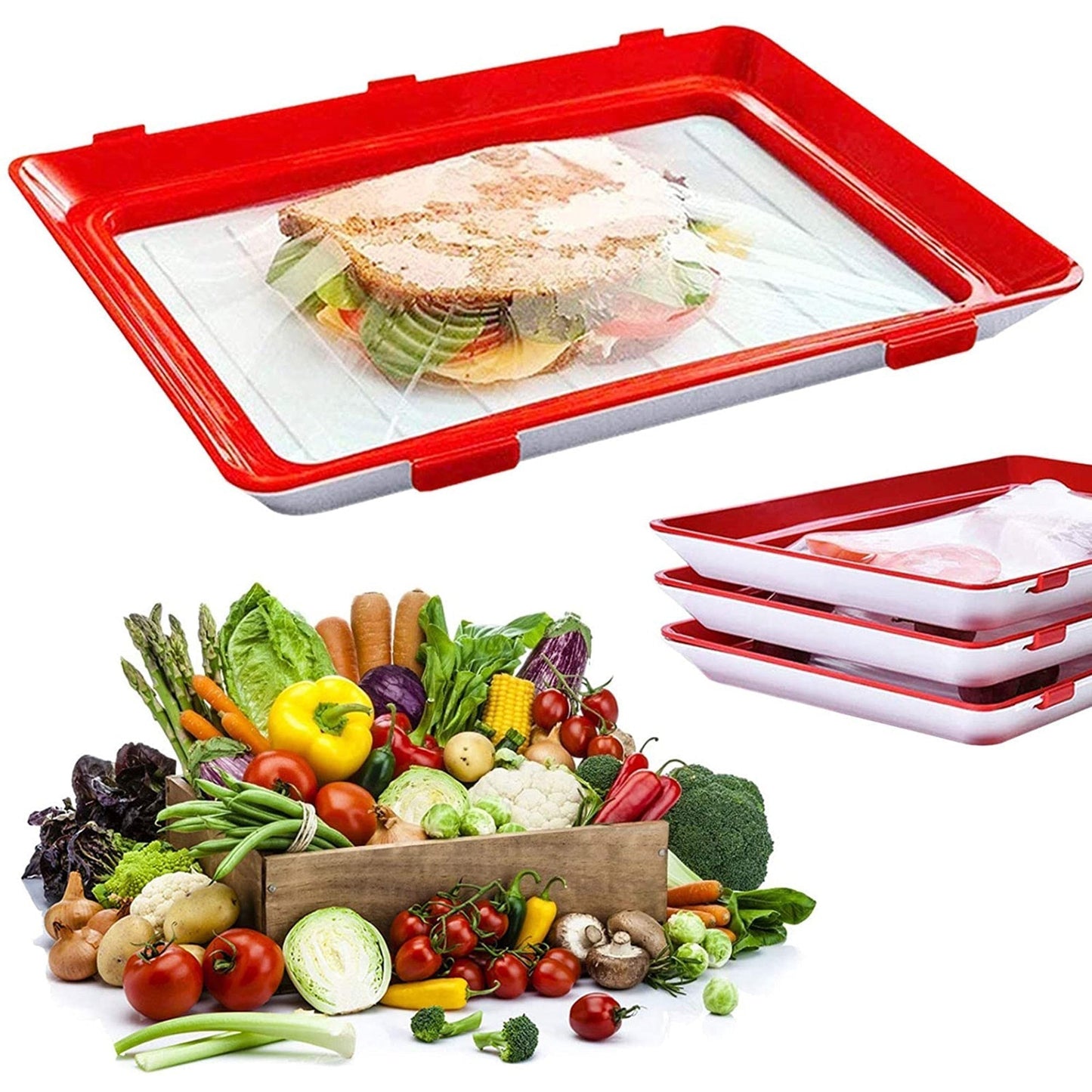 Rote Frischhaltebox für Lebensmittel, stapelbar, mit Deckel, ideal für Gemüse und Sandwiches.