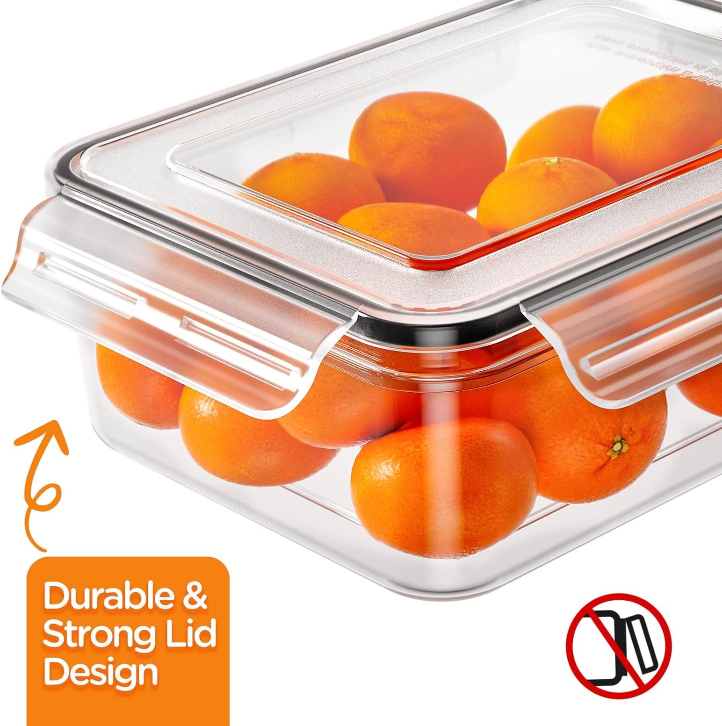 Luftdichter Glasbehälter mit Deckel, gefüllt mit Orangen, stapelbar, BPA-frei, transparent.