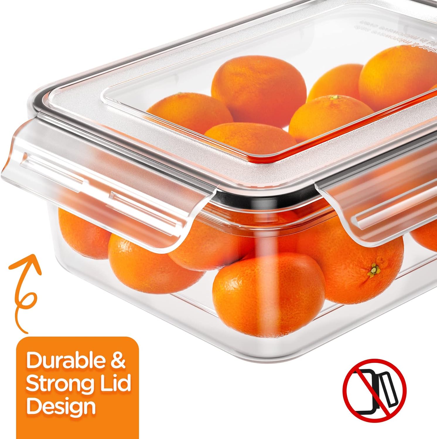 Luftdichter Glasbehälter mit Deckel, gefüllt mit Orangen, stapelbar, BPA-frei, transparent.