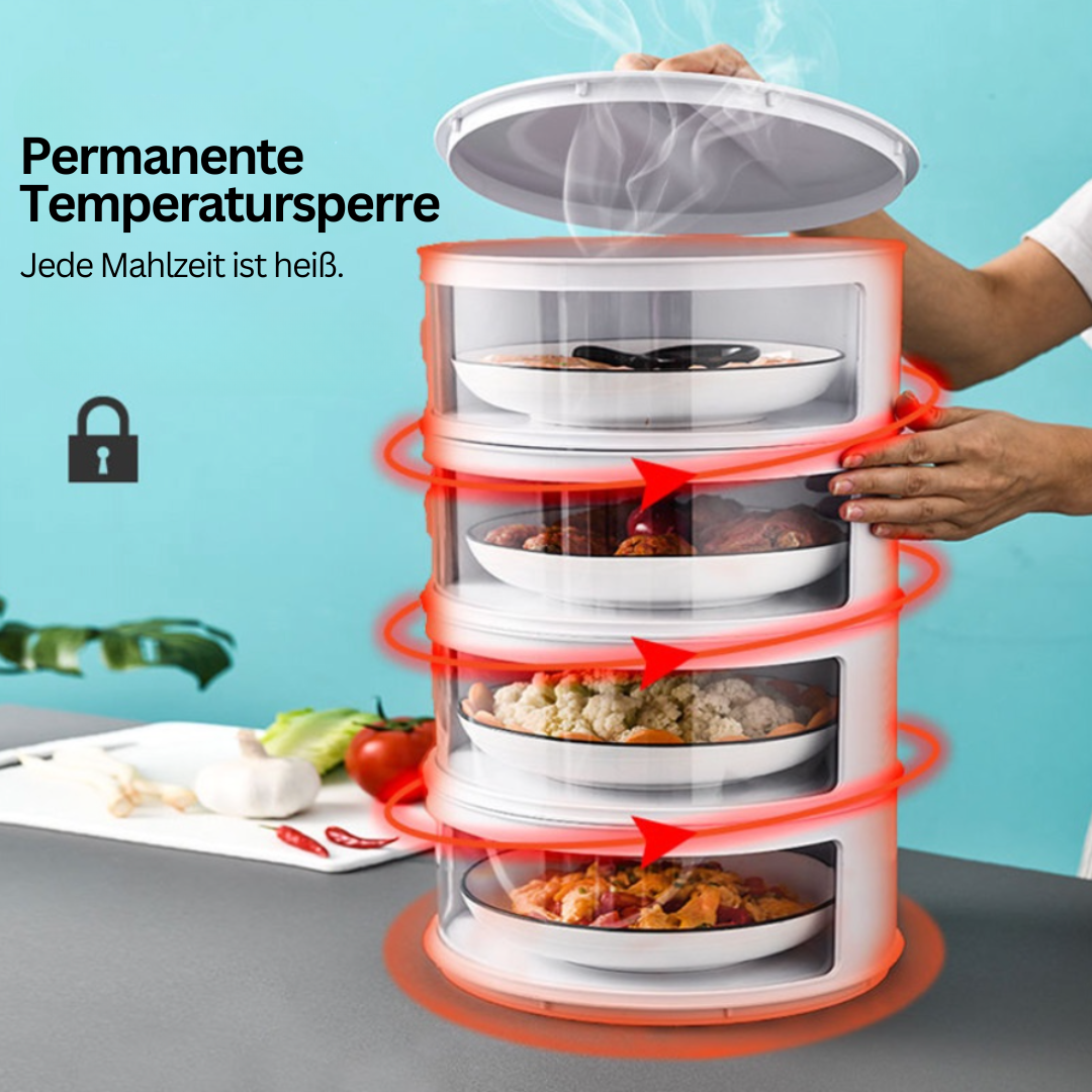 Stapelbarer weißer Speisenwärmer mit vier Fächern, hält Mahlzeiten heiß, moderne Küche.