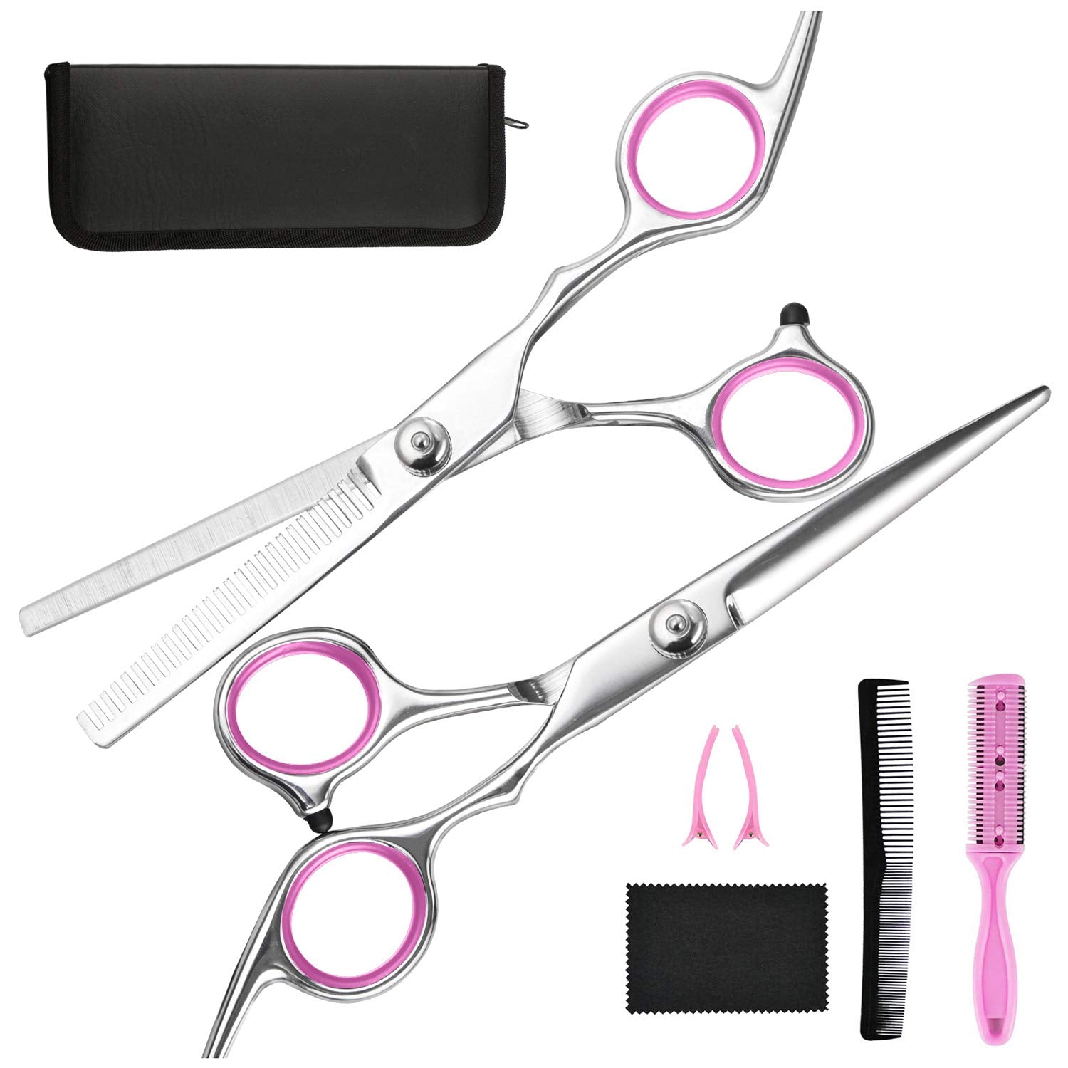 Friseurscheren-Set aus Edelstahl mit Etui, Kamm und Zubehör, silber-rosa, professionell.