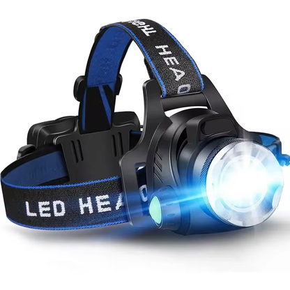 Schwarze LED-Stirnlampe mit blauem Band, verstellbar, für Outdoor-Aktivitäten.