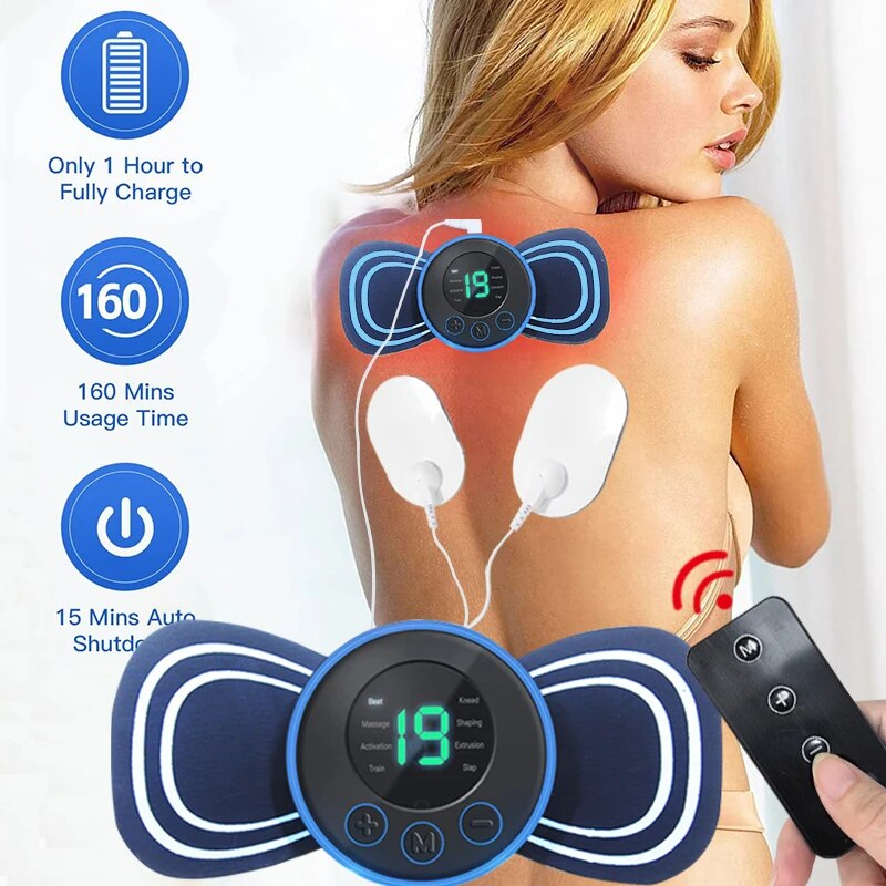 Elektronisches Massagegerät für Rückenschmerzen, blau, mit Fernbedienung und Timer-Funktion.